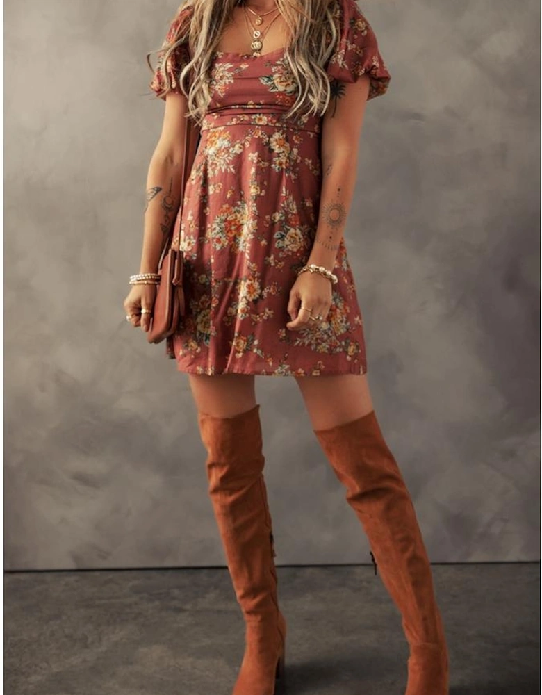 Red Floral Puff Sleeve Square Neck Knot Open Back Mini Dress