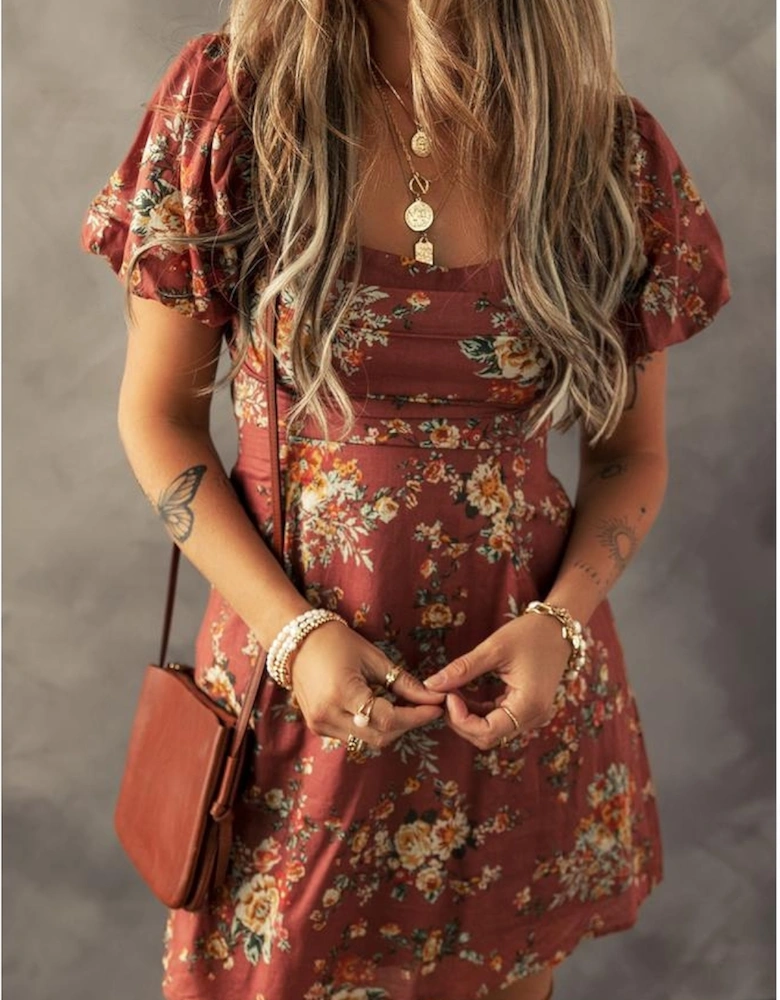 Red Floral Puff Sleeve Square Neck Knot Open Back Mini Dress