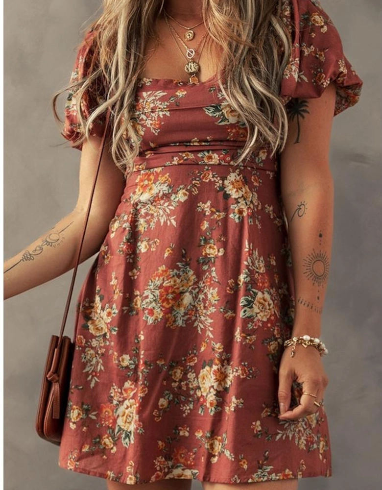 Red Floral Puff Sleeve Square Neck Knot Open Back Mini Dress