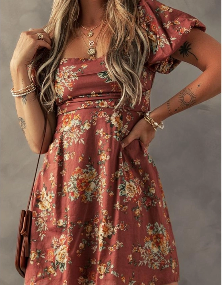 Red Floral Puff Sleeve Square Neck Knot Open Back Mini Dress