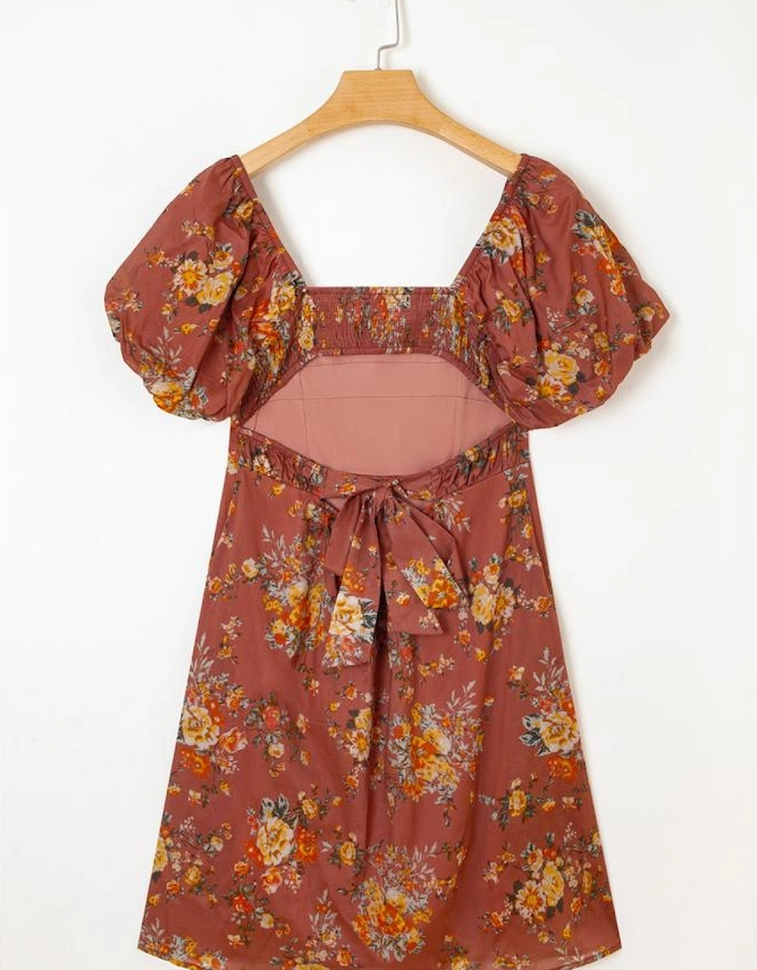 Red Floral Puff Sleeve Square Neck Knot Open Back Mini Dress