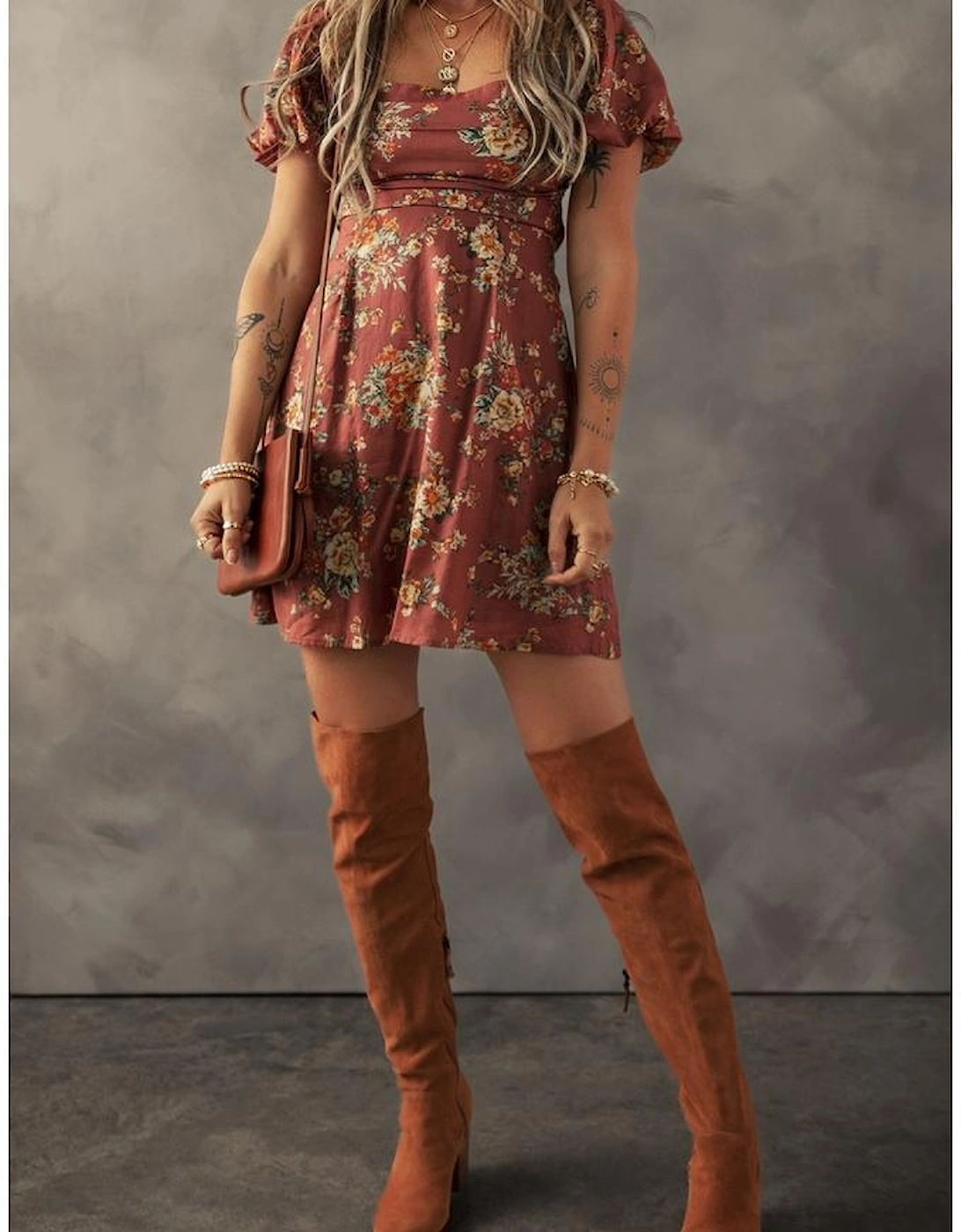 Red Floral Puff Sleeve Square Neck Knot Open Back Mini Dress