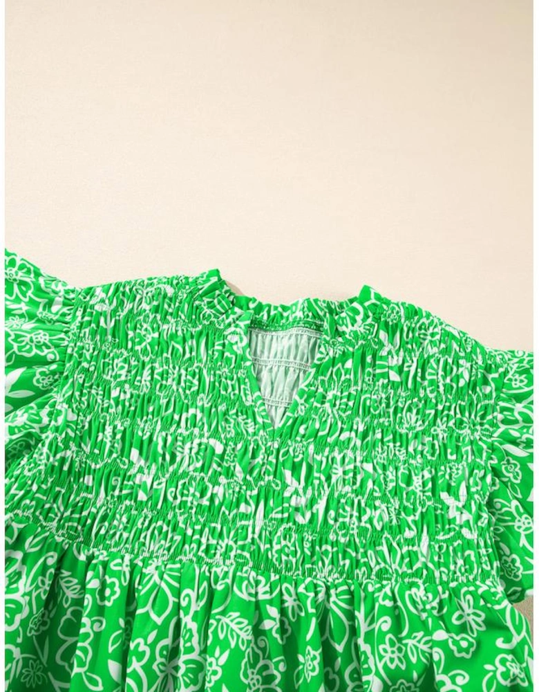 Green Floral Flutter Sleeve Shirred Notched Neck Plus Size Blouse