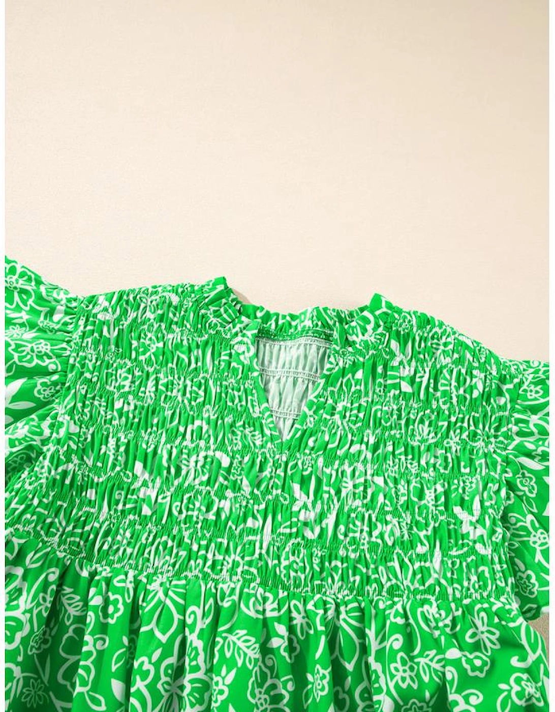 Green Floral Flutter Sleeve Shirred Notched Neck Plus Size Blouse