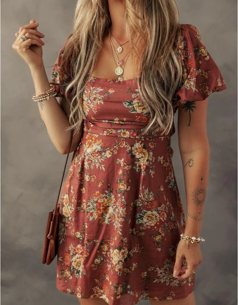 Red Floral Puff Sleeve Square Neck Knot Open Back Mini Dress