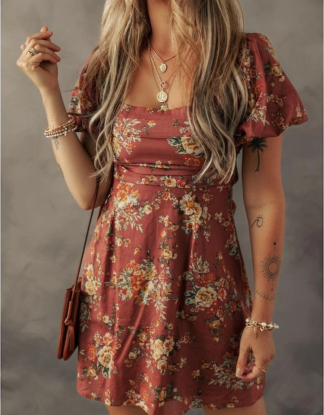 Red Floral Puff Sleeve Square Neck Knot Open Back Mini Dress
