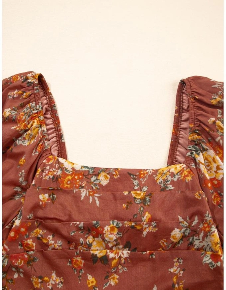 Red Floral Puff Sleeve Square Neck Knot Open Back Mini Dress