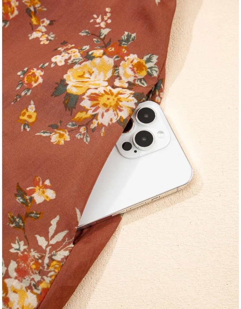 Red Floral Puff Sleeve Square Neck Knot Open Back Mini Dress