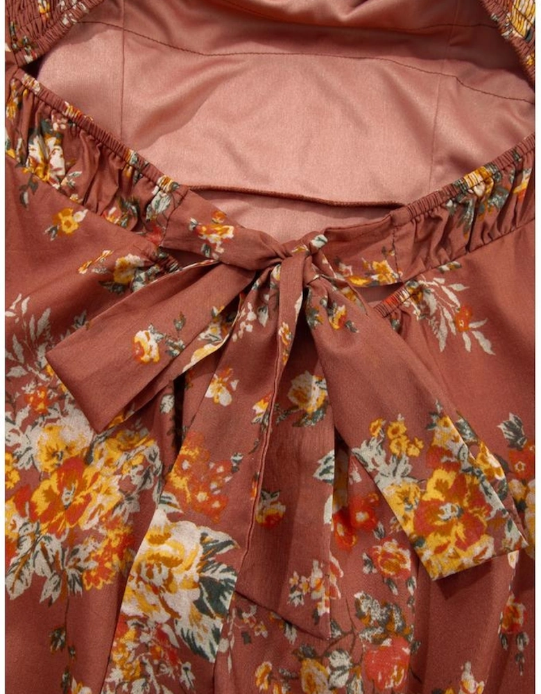 Red Floral Puff Sleeve Square Neck Knot Open Back Mini Dress