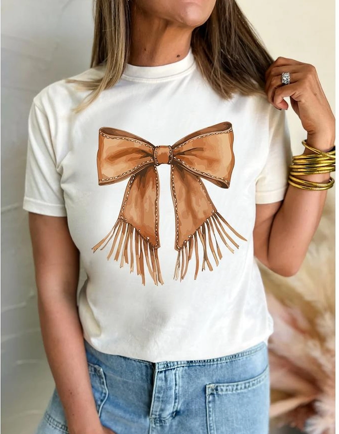 White Tassel Bowknot Print Round Neck Western Fashion T Shirt