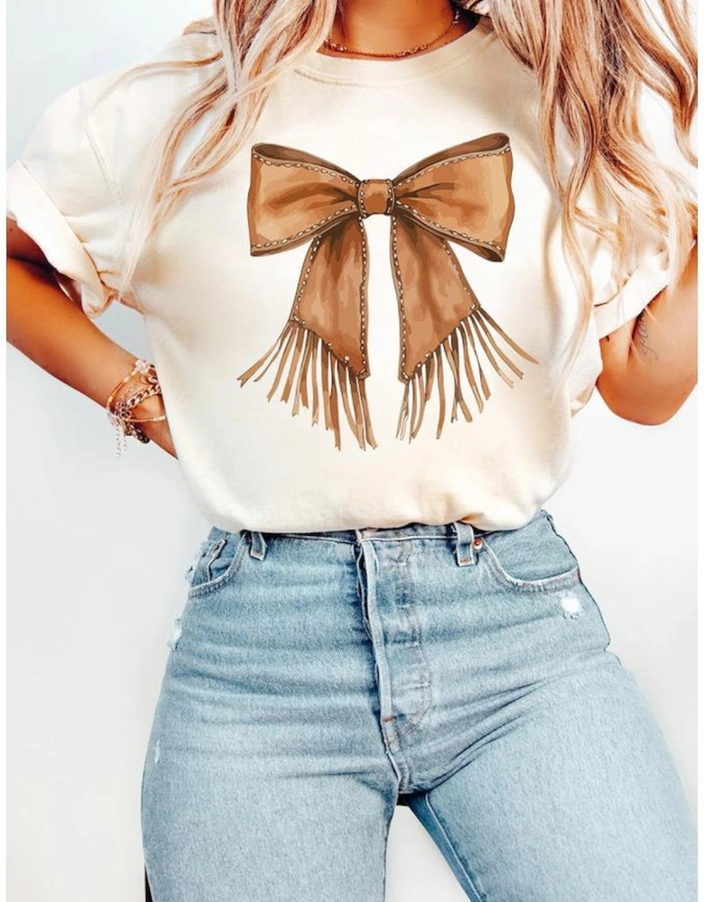 White Tassel Bowknot Print Round Neck Western Fashion T Shirt