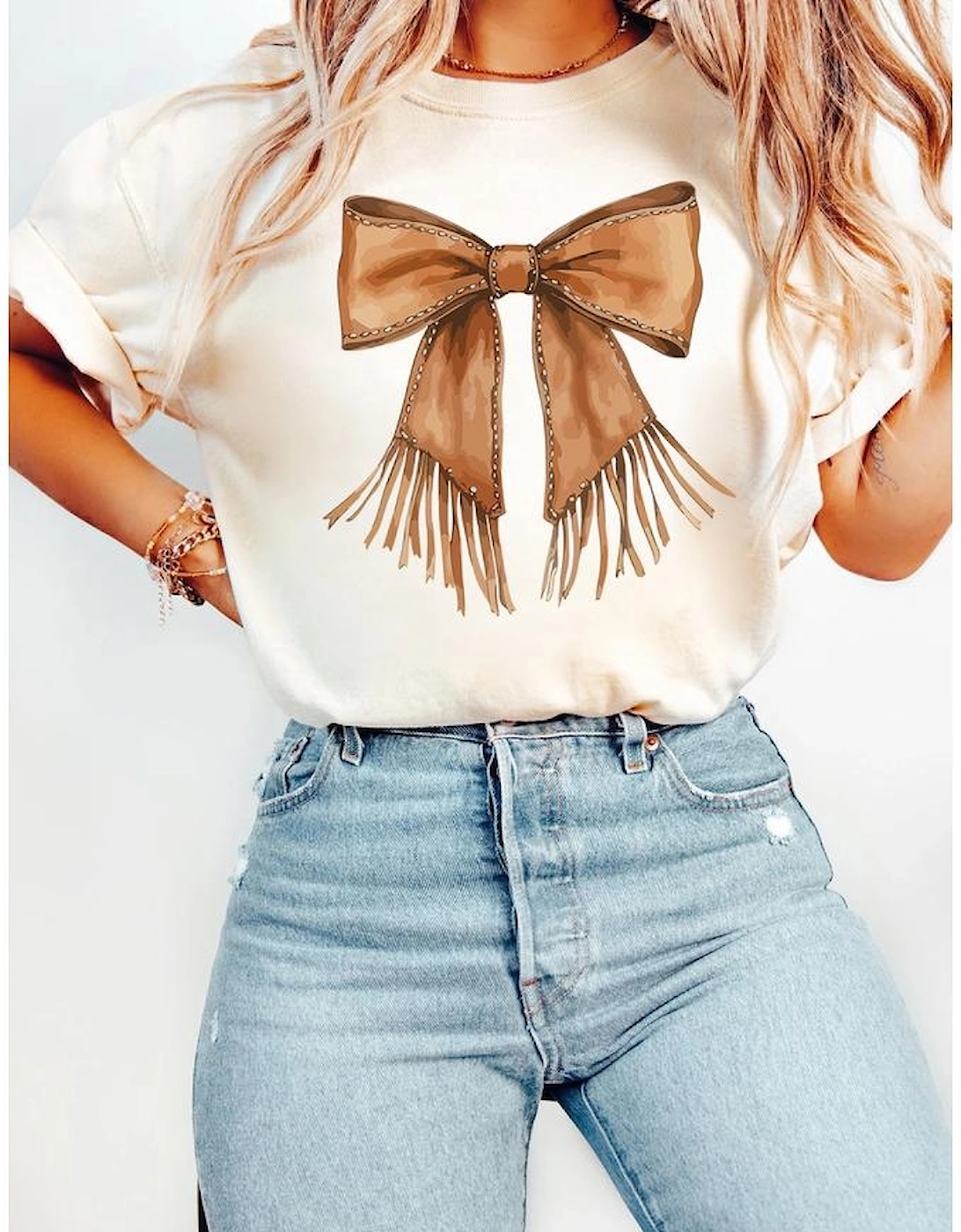 White Tassel Bowknot Print Round Neck Western Fashion T Shirt