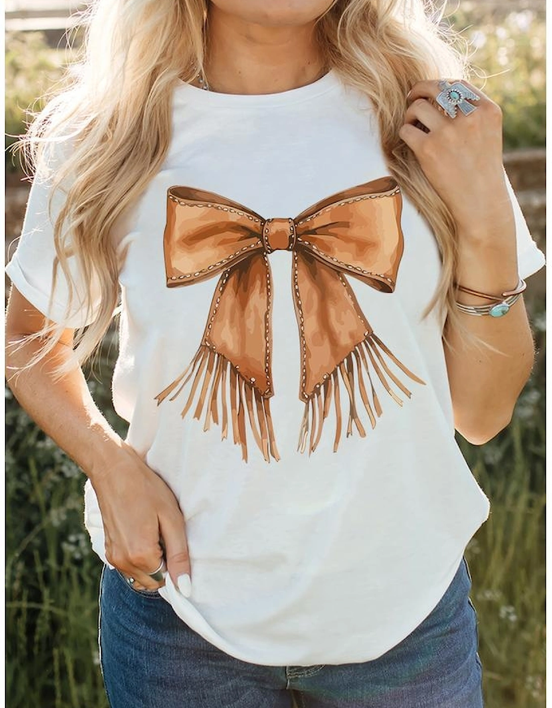 White Tassel Bowknot Print Round Neck Western Fashion T Shirt