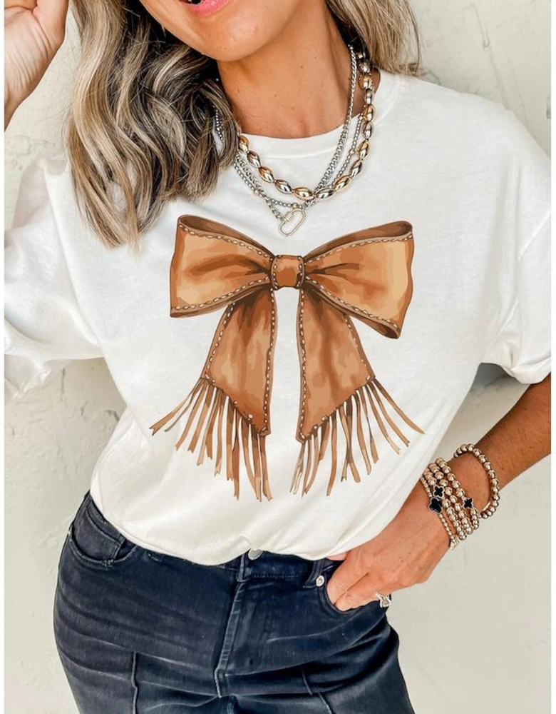White Tassel Bowknot Print Round Neck Western Fashion T Shirt