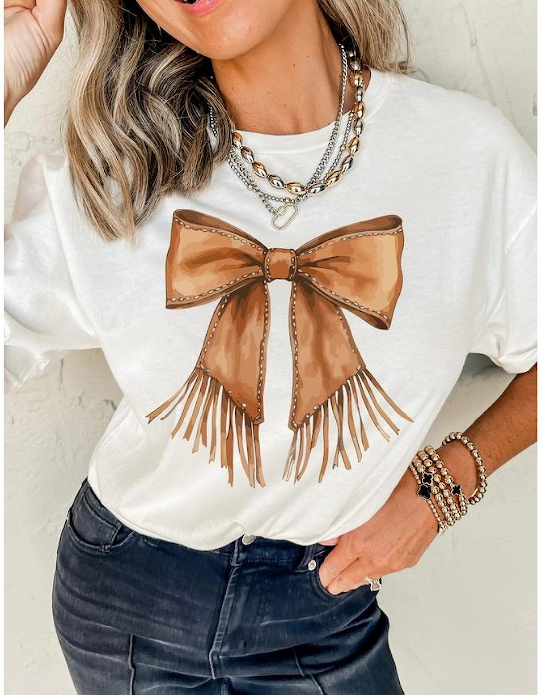 White Tassel Bowknot Print Round Neck Western Fashion T Shirt