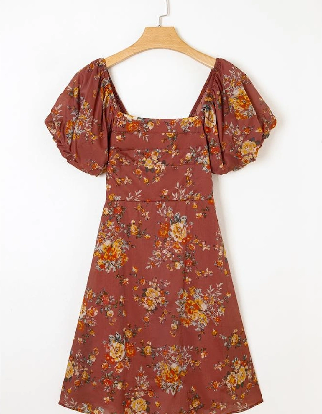 Red Floral Puff Sleeve Square Neck Knot Open Back Mini Dress