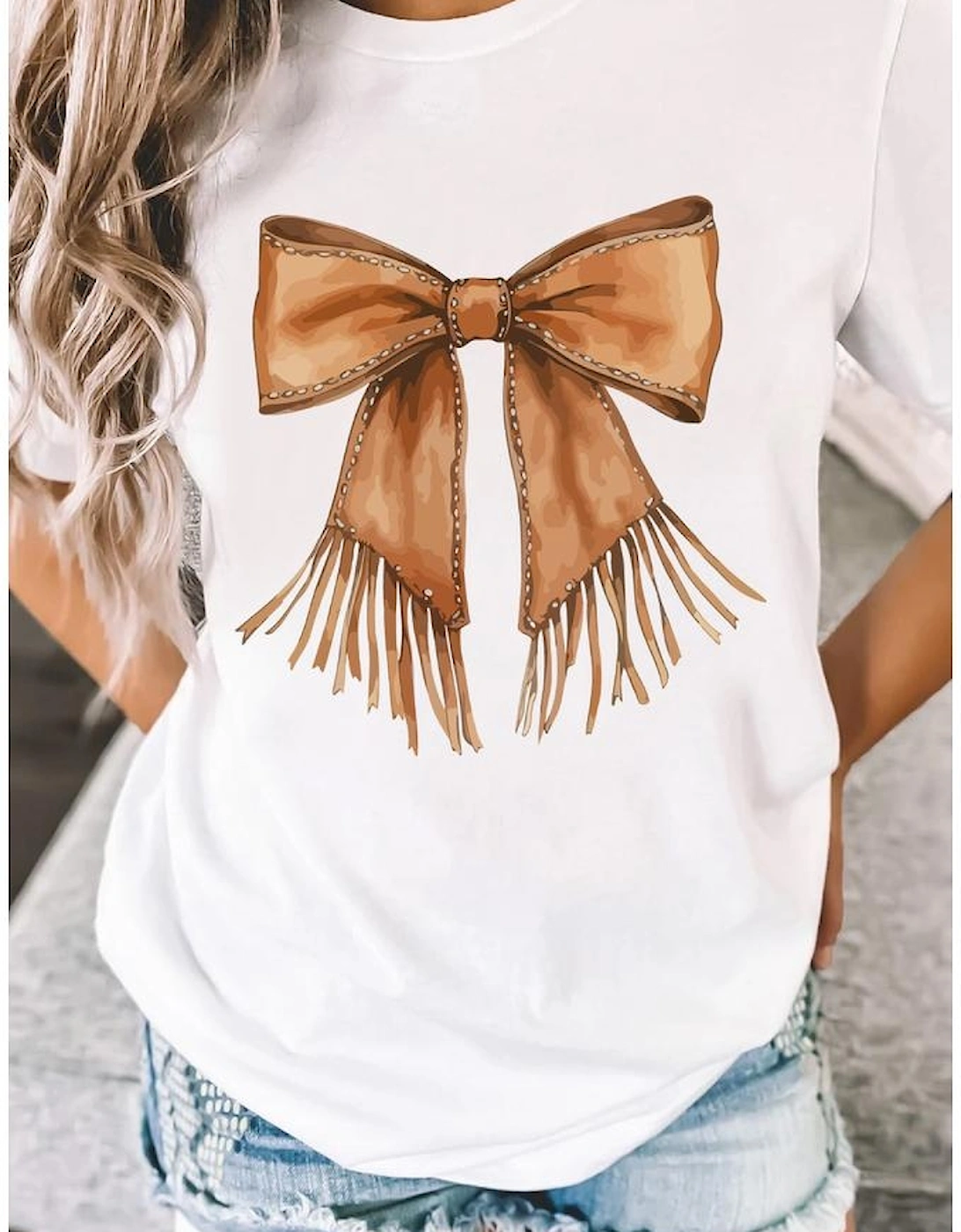 White Tassel Bowknot Print Round Neck Western Fashion T Shirt, 8 of 7
