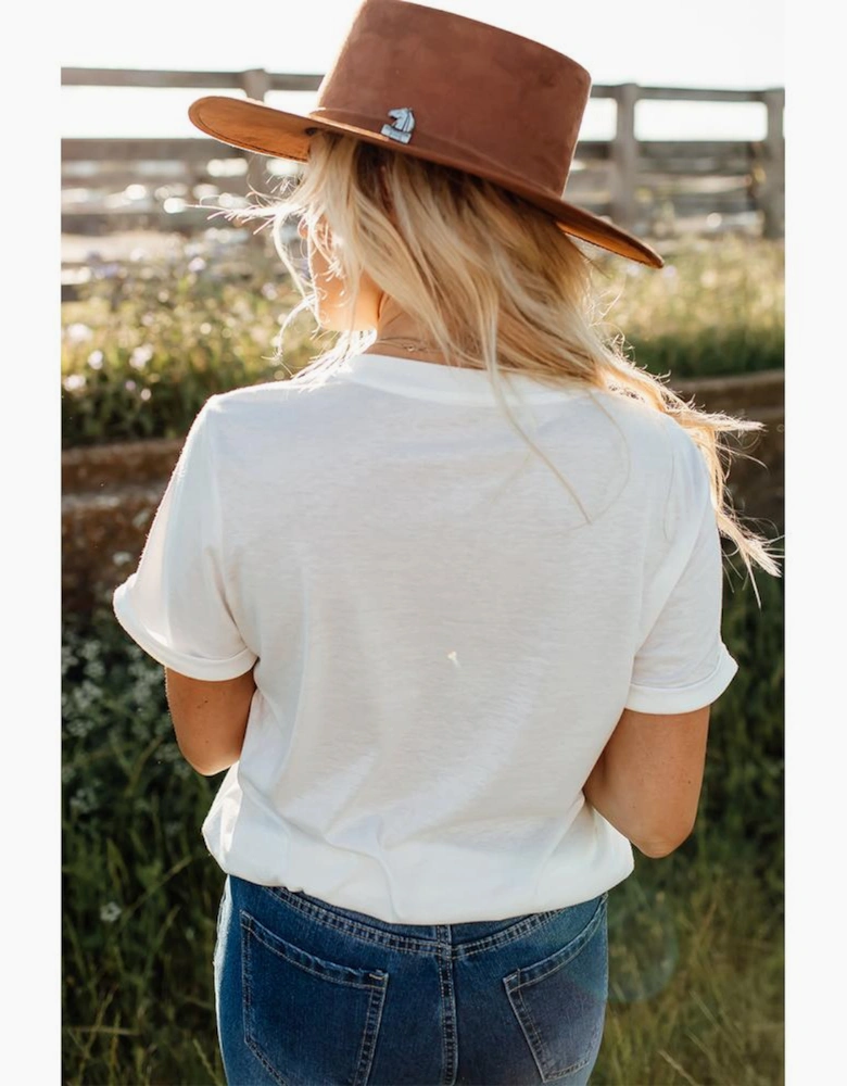 White Tassel Bowknot Print Round Neck Western Fashion T Shirt