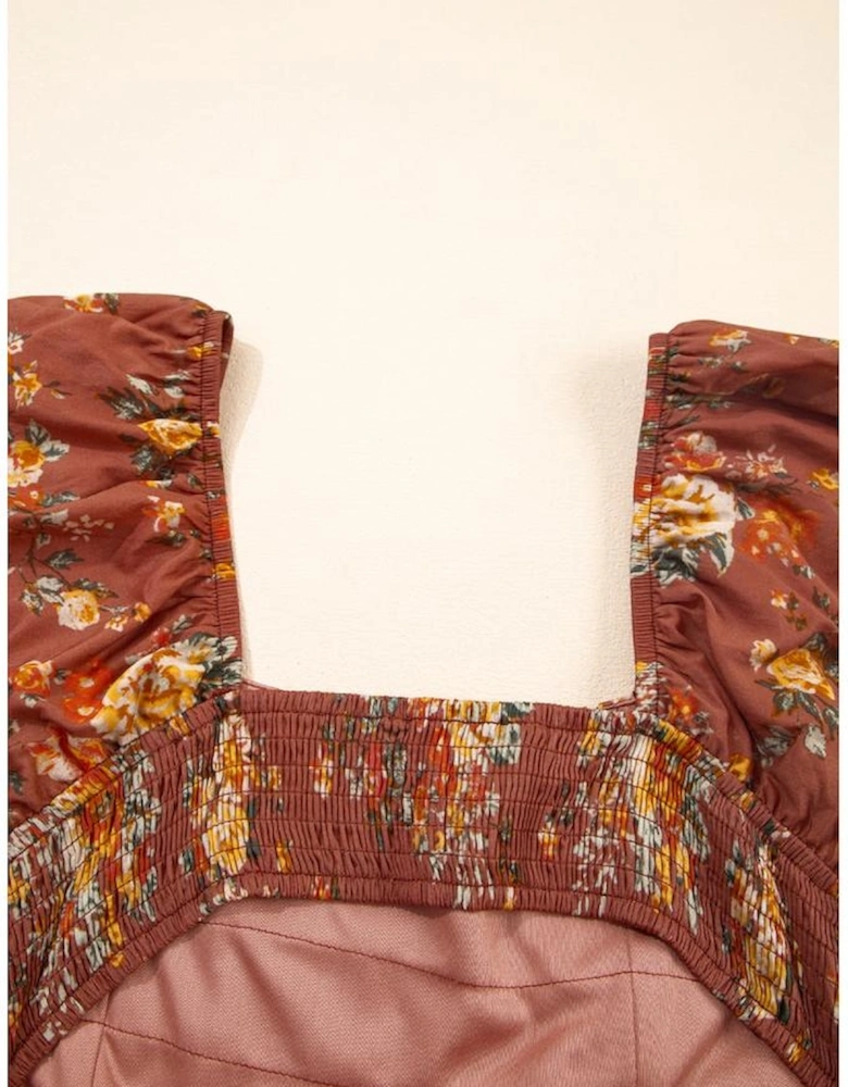 Red Floral Puff Sleeve Square Neck Knot Open Back Mini Dress