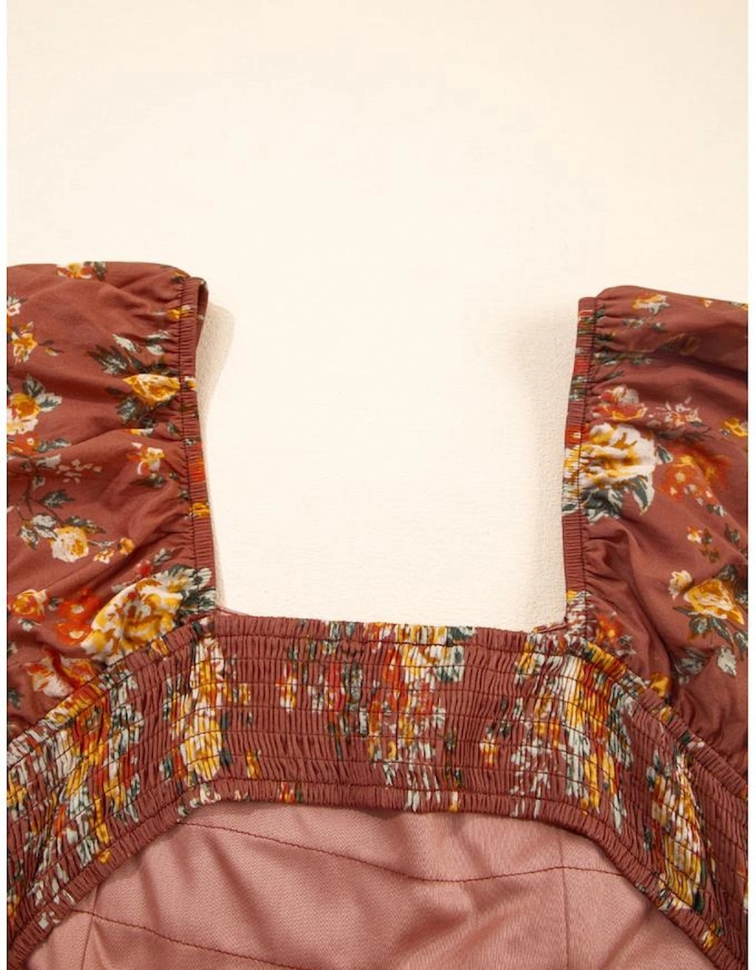 Red Floral Puff Sleeve Square Neck Knot Open Back Mini Dress