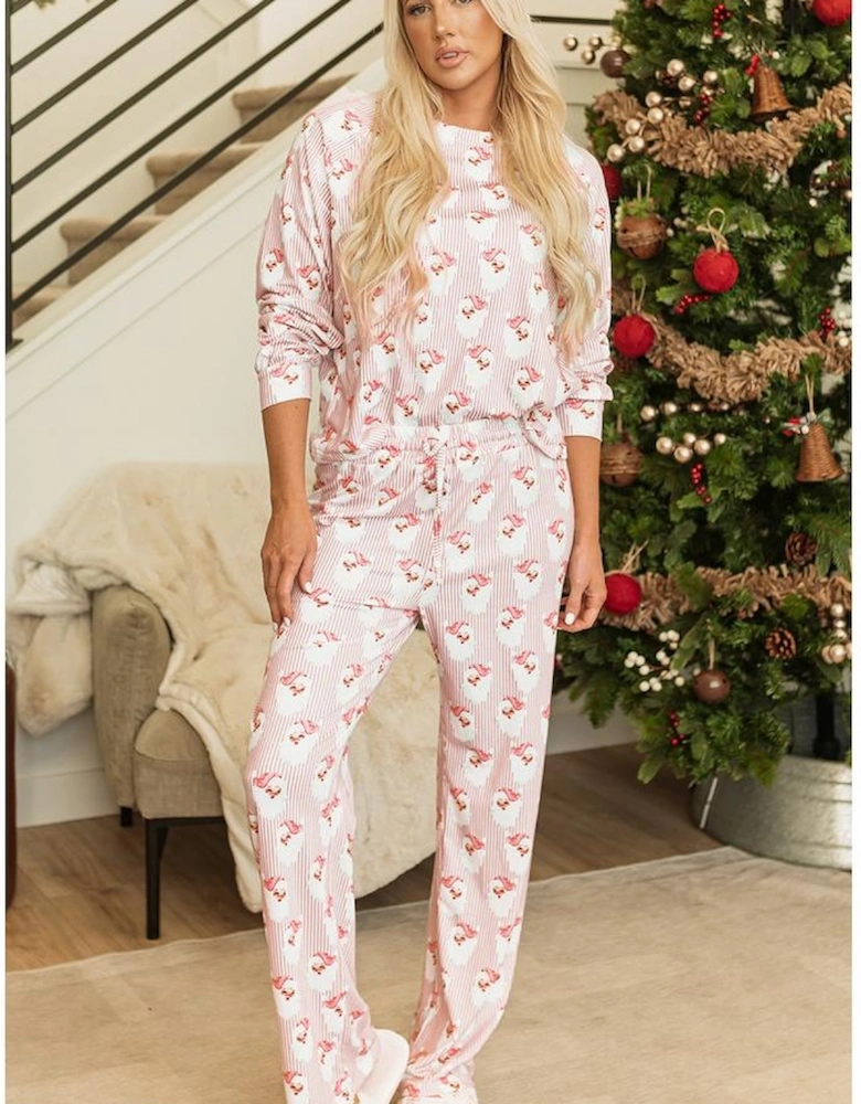 Pink Santa Claus Striped Print Loose Fit Two Piece Lounge Set