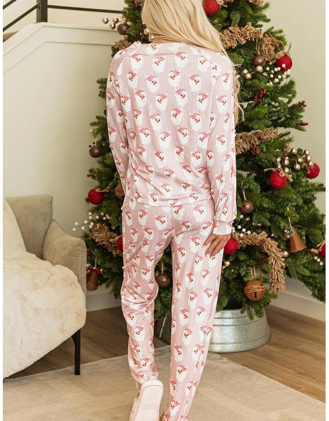 Pink Santa Claus Striped Print Loose Fit Two Piece Lounge Set