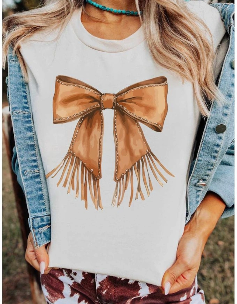 White Tassel Bowknot Print Round Neck Western Fashion T Shirt