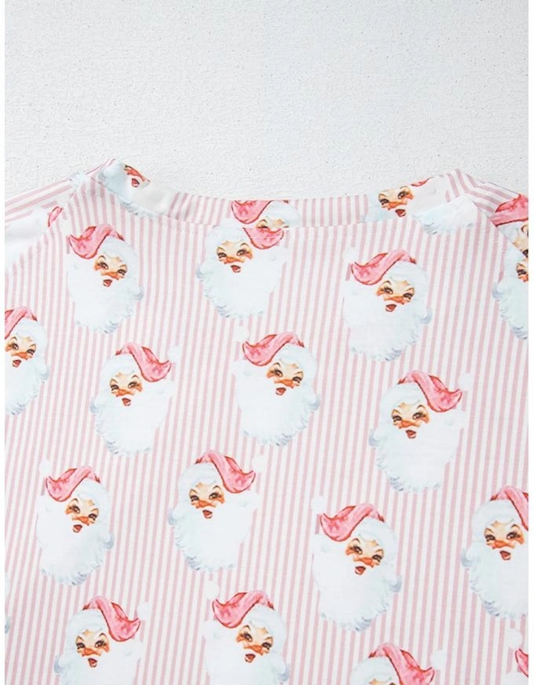 Pink Santa Claus Striped Print Loose Fit Two Piece Lounge Set