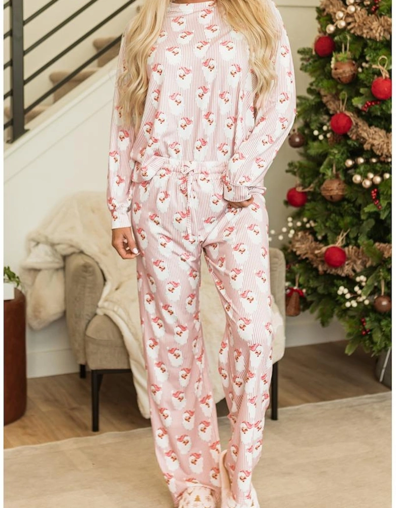 Pink Santa Claus Striped Print Loose Fit Two Piece Lounge Set