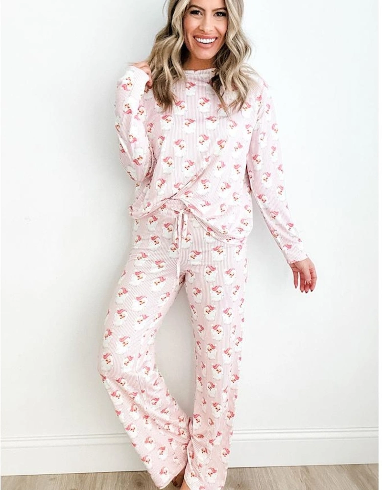 Pink Santa Claus Striped Print Loose Fit Two Piece Lounge Set