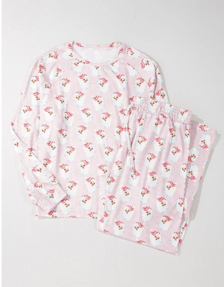 Pink Santa Claus Striped Print Loose Fit Two Piece Lounge Set