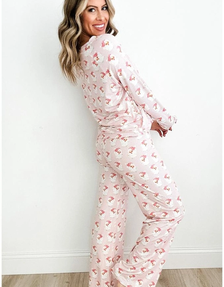 Pink Santa Claus Striped Print Loose Fit Two Piece Lounge Set