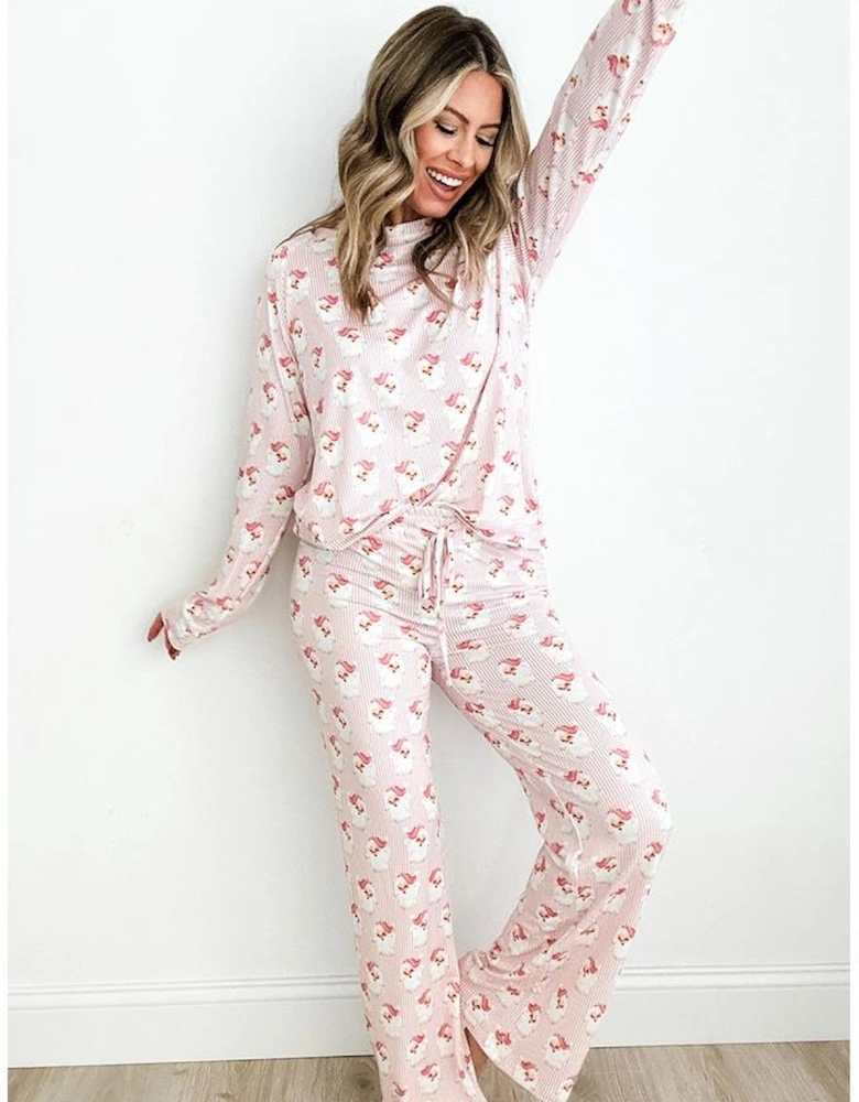 Pink Santa Claus Striped Print Loose Fit Two Piece Lounge Set