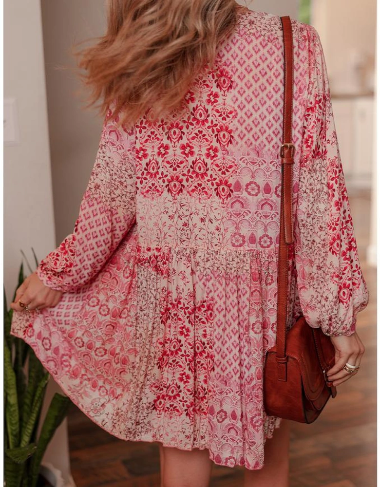 Pink Bohemian Floral Print Tassel Tie Long Sleeve Flowy Mini Dress