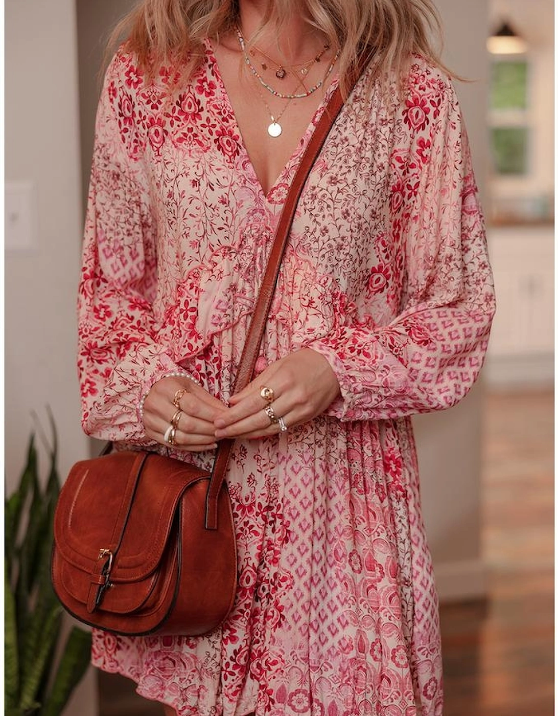 Pink Bohemian Floral Print Tassel Tie Long Sleeve Flowy Mini Dress