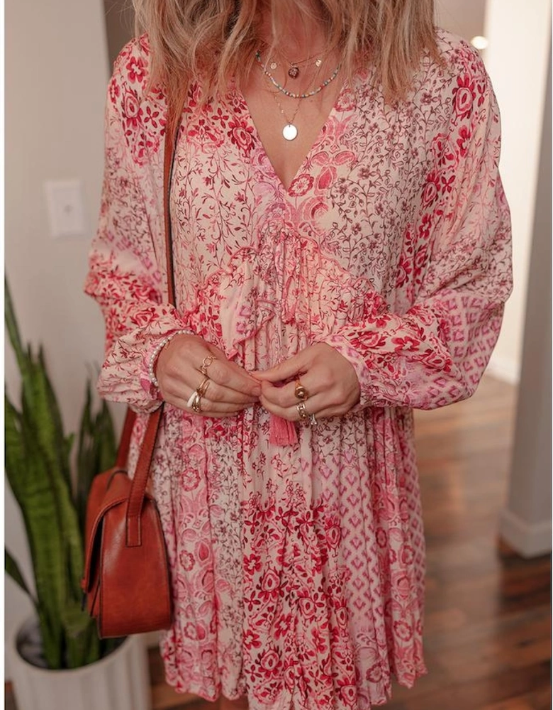 Pink Bohemian Floral Print Tassel Tie Long Sleeve Flowy Mini Dress