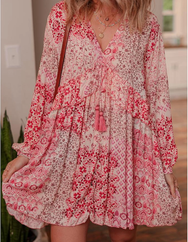 Pink Bohemian Floral Print Tassel Tie Long Sleeve Flowy Mini Dress