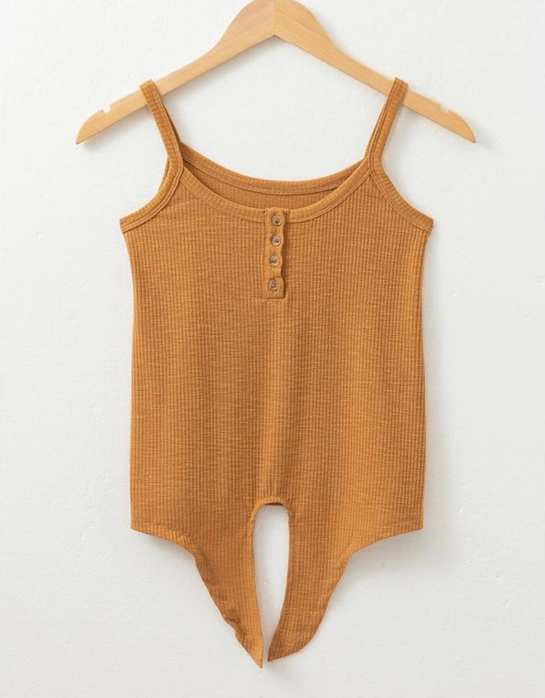 Straw Yellow Ribbed Front Knot Buttoned Thin Strap Tank Top