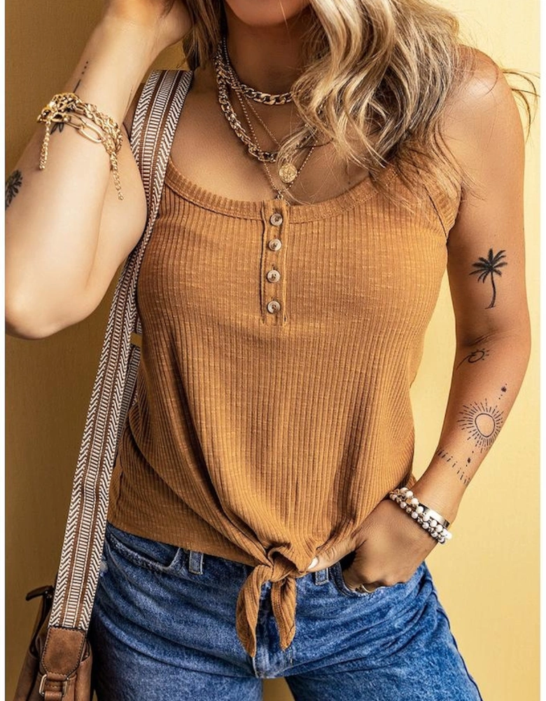 Straw Yellow Ribbed Front Knot Buttoned Thin Strap Tank Top