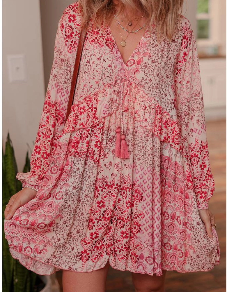 Pink Bohemian Floral Print Tassel Tie Long Sleeve Flowy Mini Dress