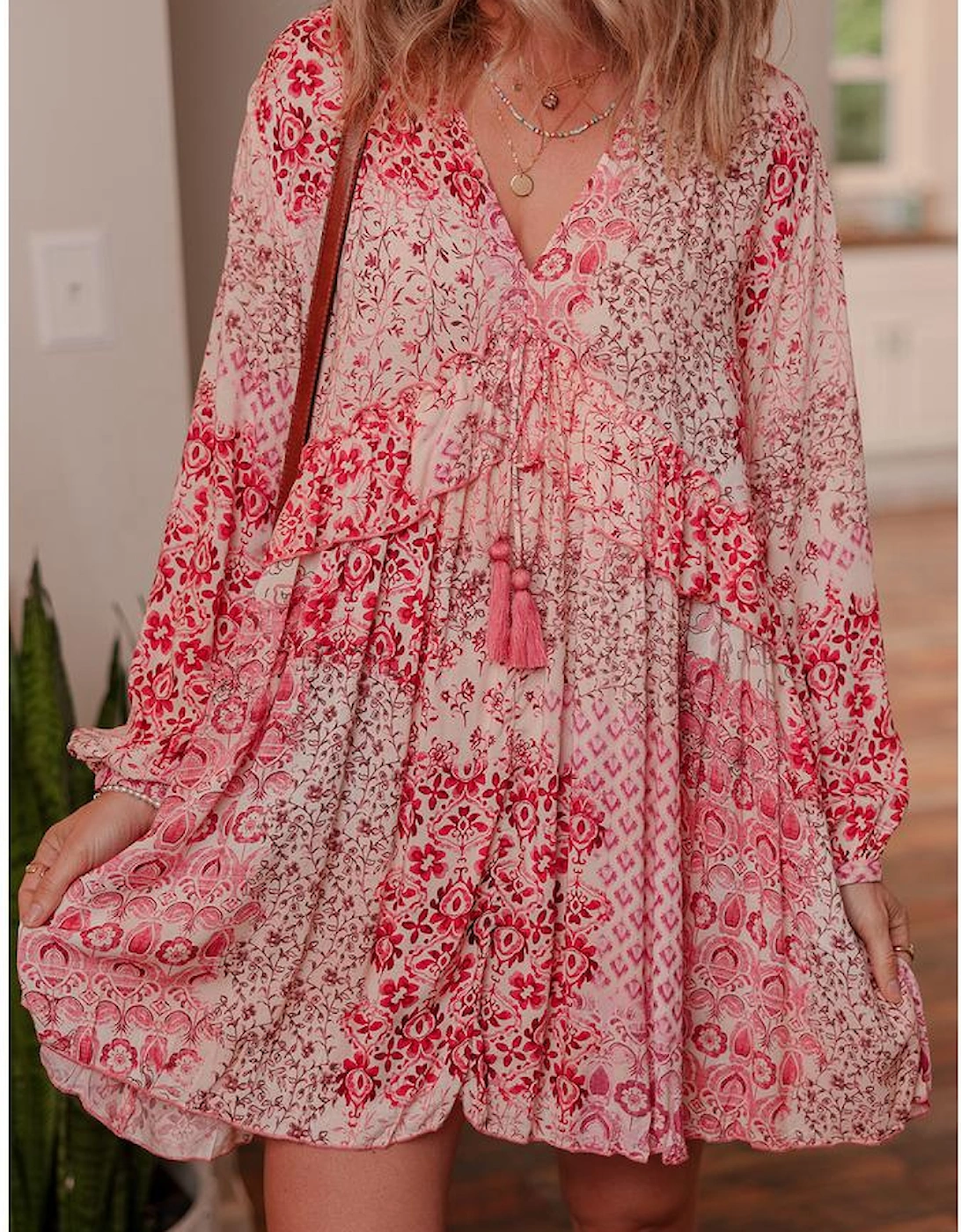 Pink Bohemian Floral Print Tassel Tie Long Sleeve Flowy Mini Dress