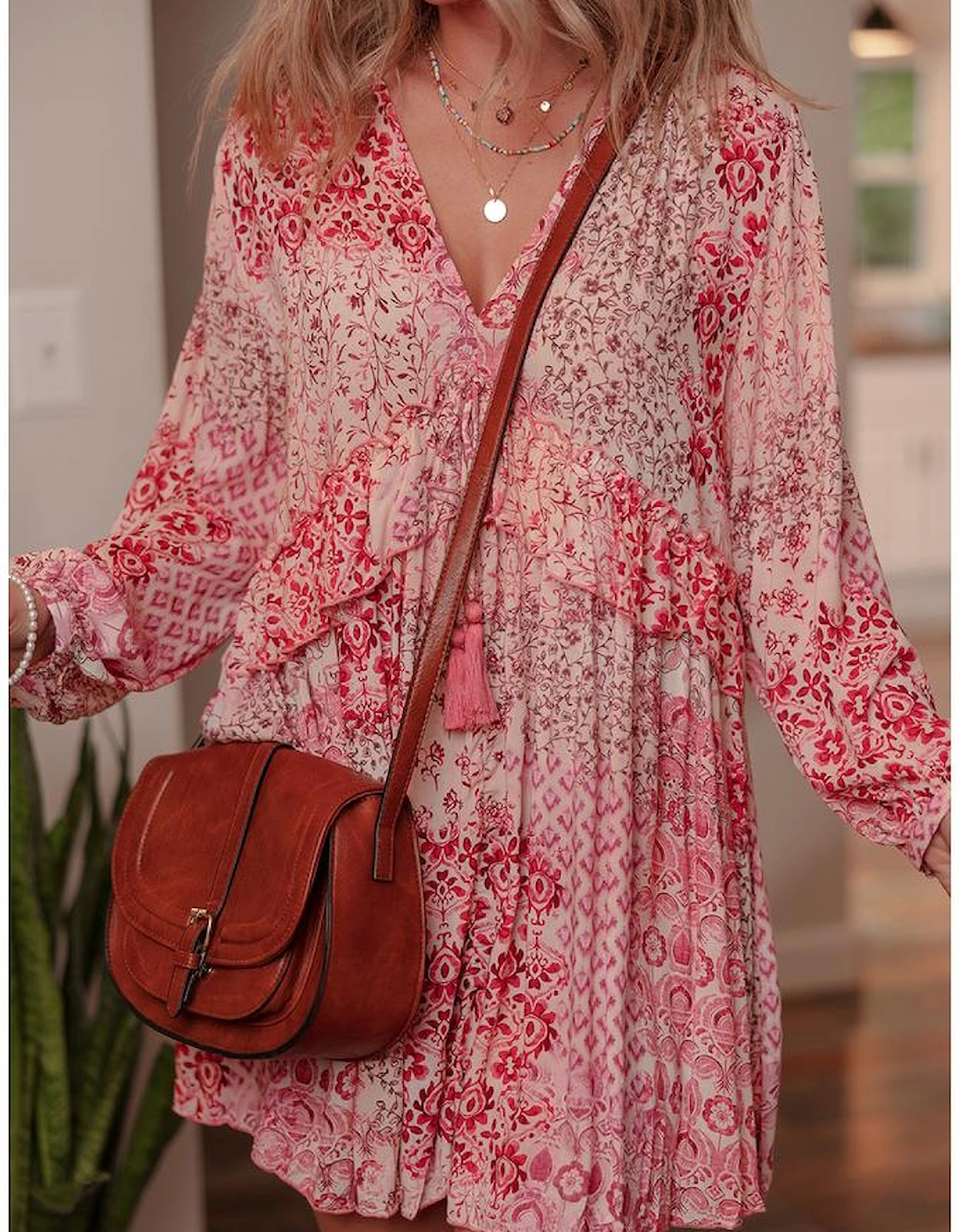 Pink Bohemian Floral Print Tassel Tie Long Sleeve Flowy Mini Dress