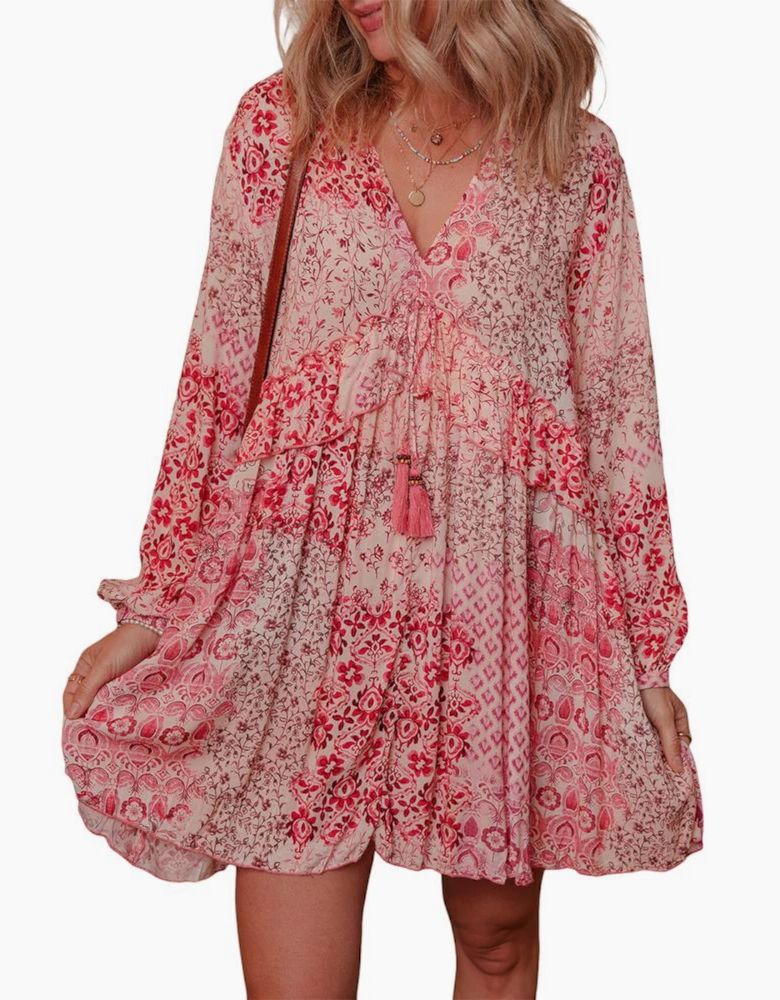 Pink Bohemian Floral Print Tassel Tie Long Sleeve Flowy Mini Dress