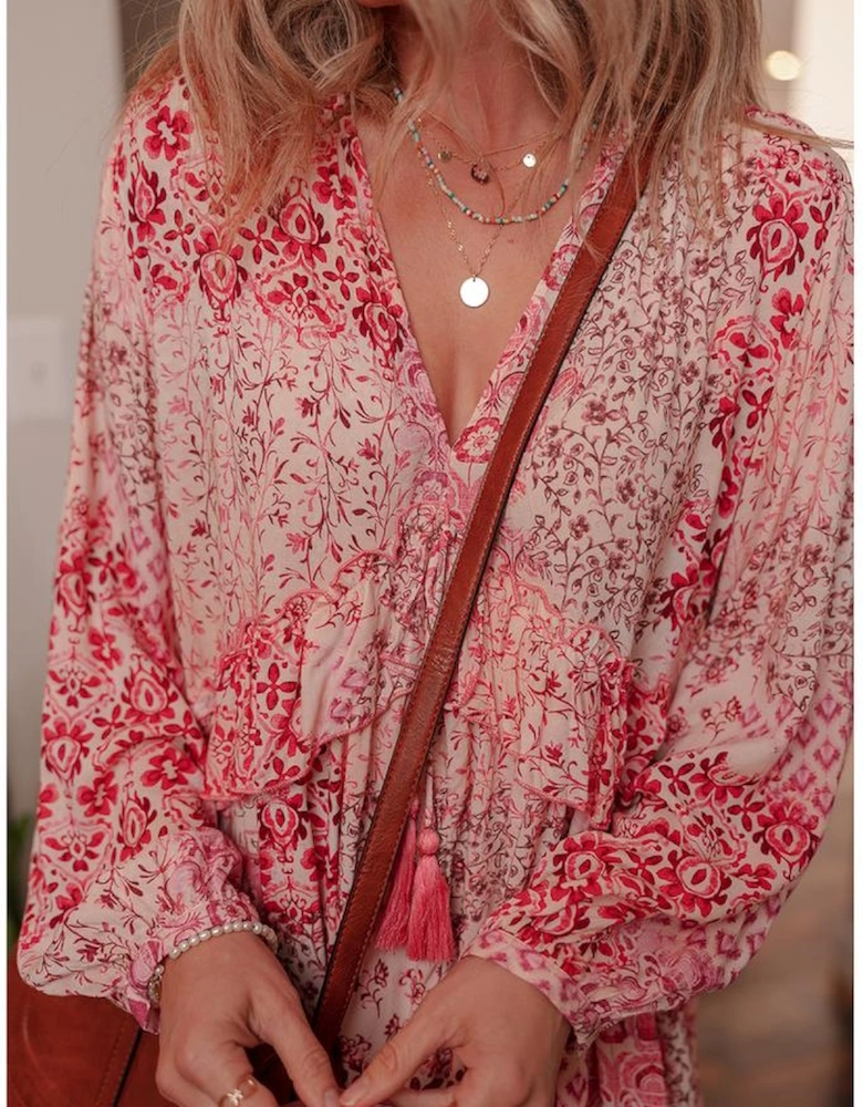 Pink Bohemian Floral Print Tassel Tie Long Sleeve Flowy Mini Dress
