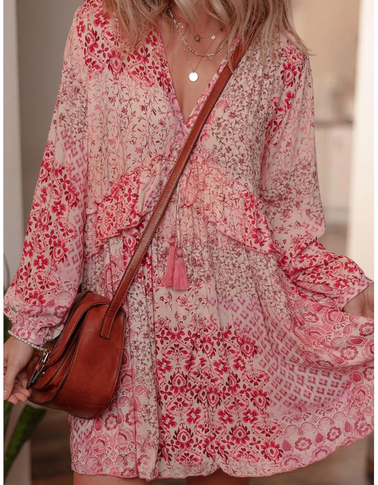 Pink Bohemian Floral Print Tassel Tie Long Sleeve Flowy Mini Dress
