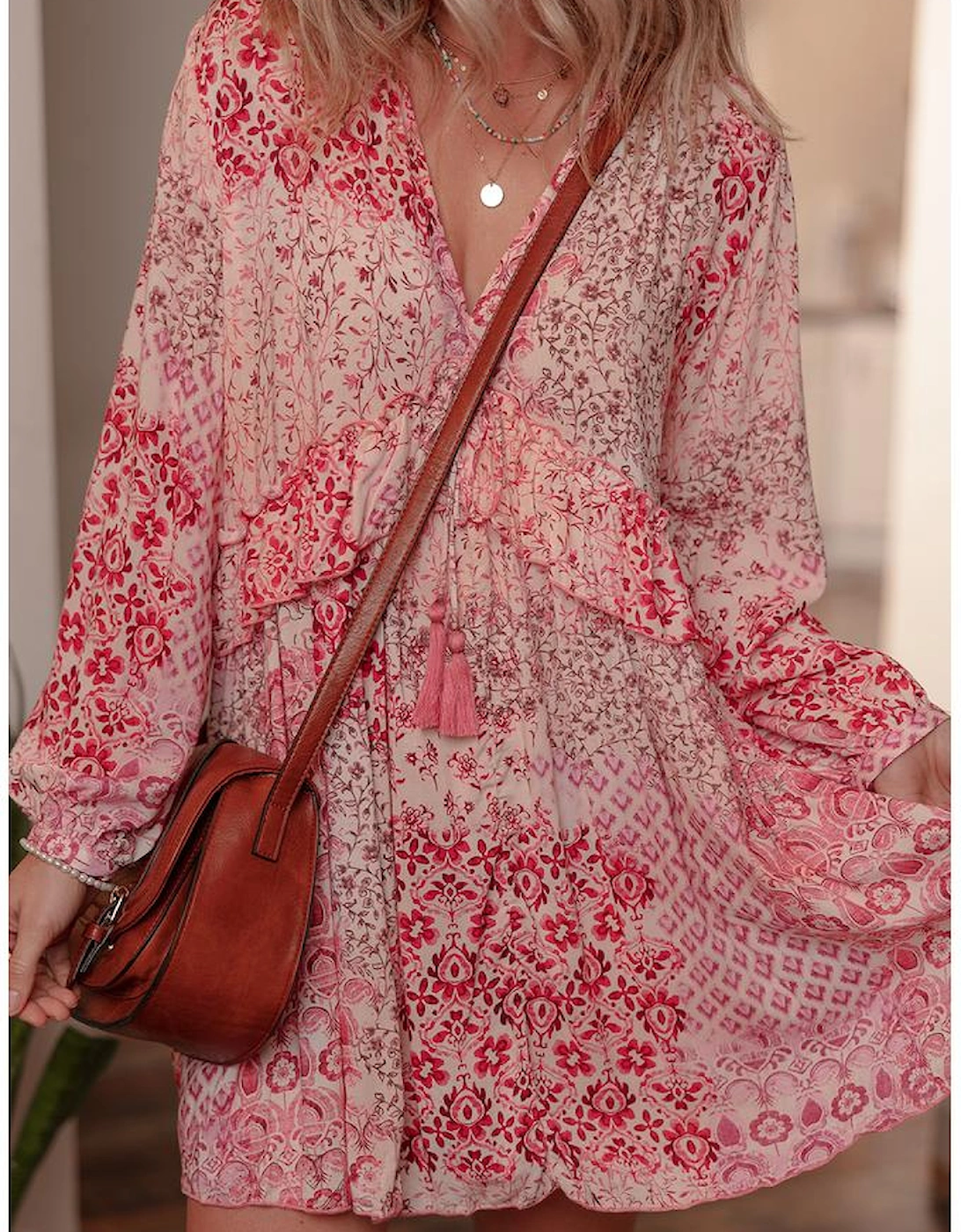 Pink Bohemian Floral Print Tassel Tie Long Sleeve Flowy Mini Dress