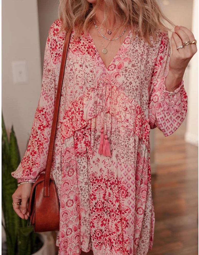 Pink Bohemian Floral Print Tassel Tie Long Sleeve Flowy Mini Dress