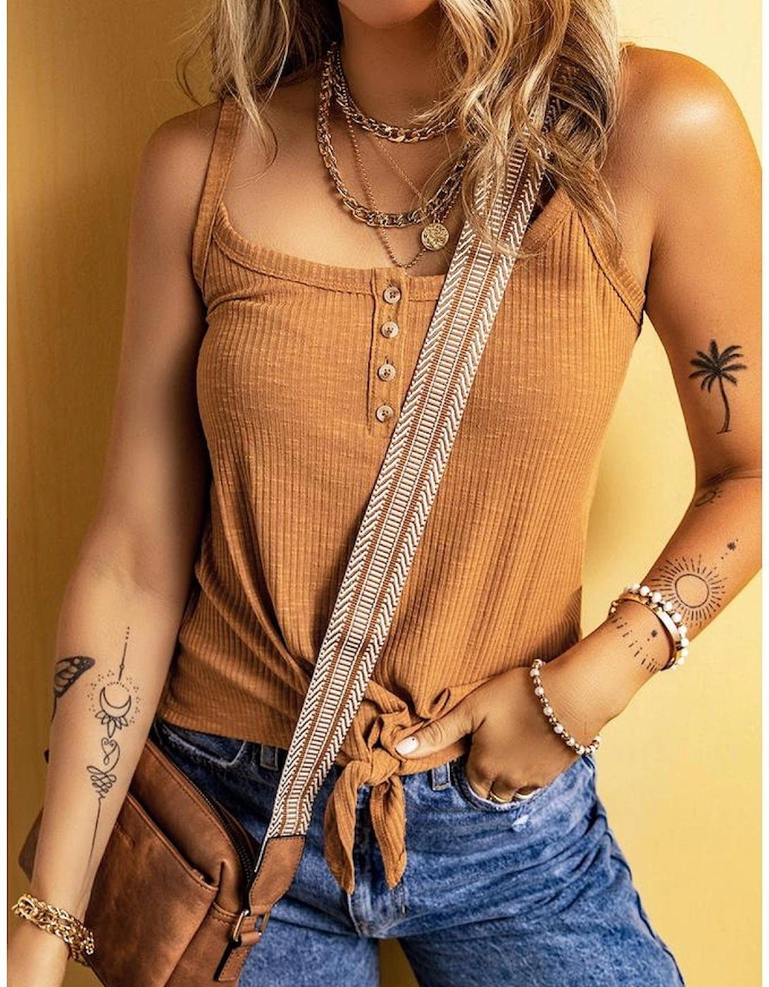 Straw Yellow Ribbed Front Knot Buttoned Thin Strap Tank Top