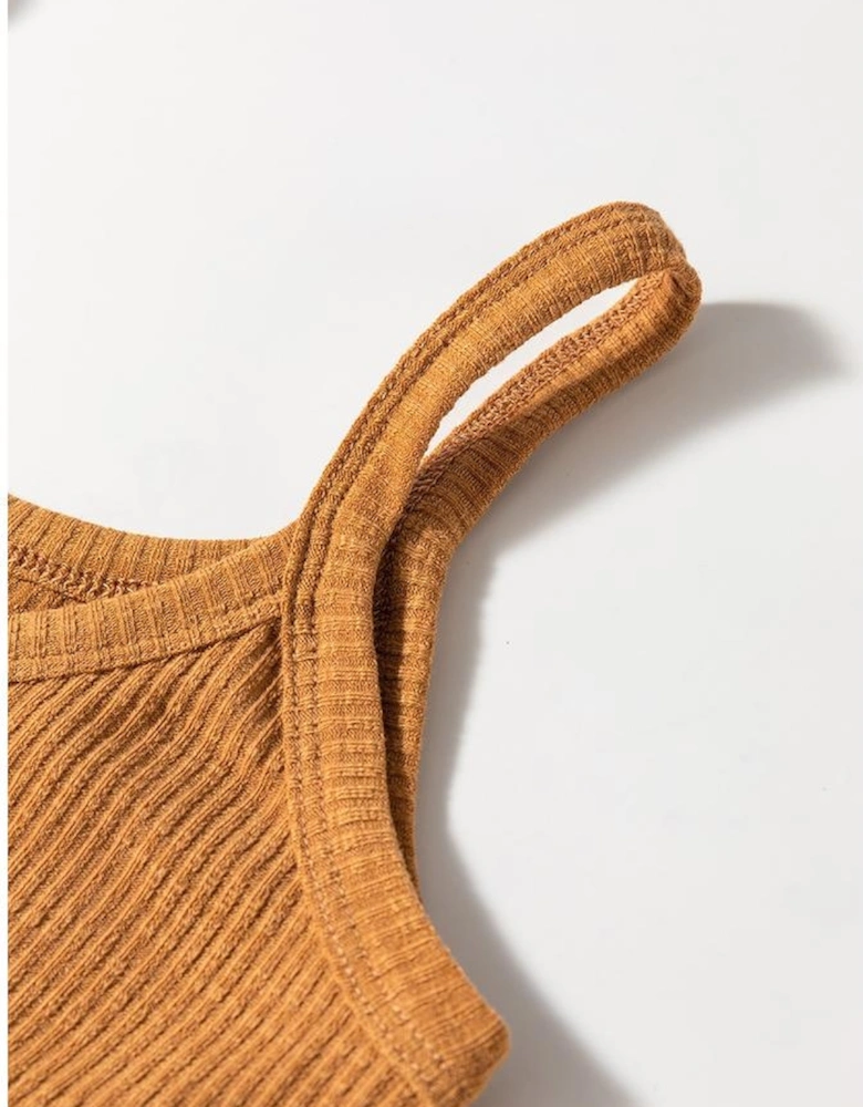 Straw Yellow Ribbed Front Knot Buttoned Thin Strap Tank Top