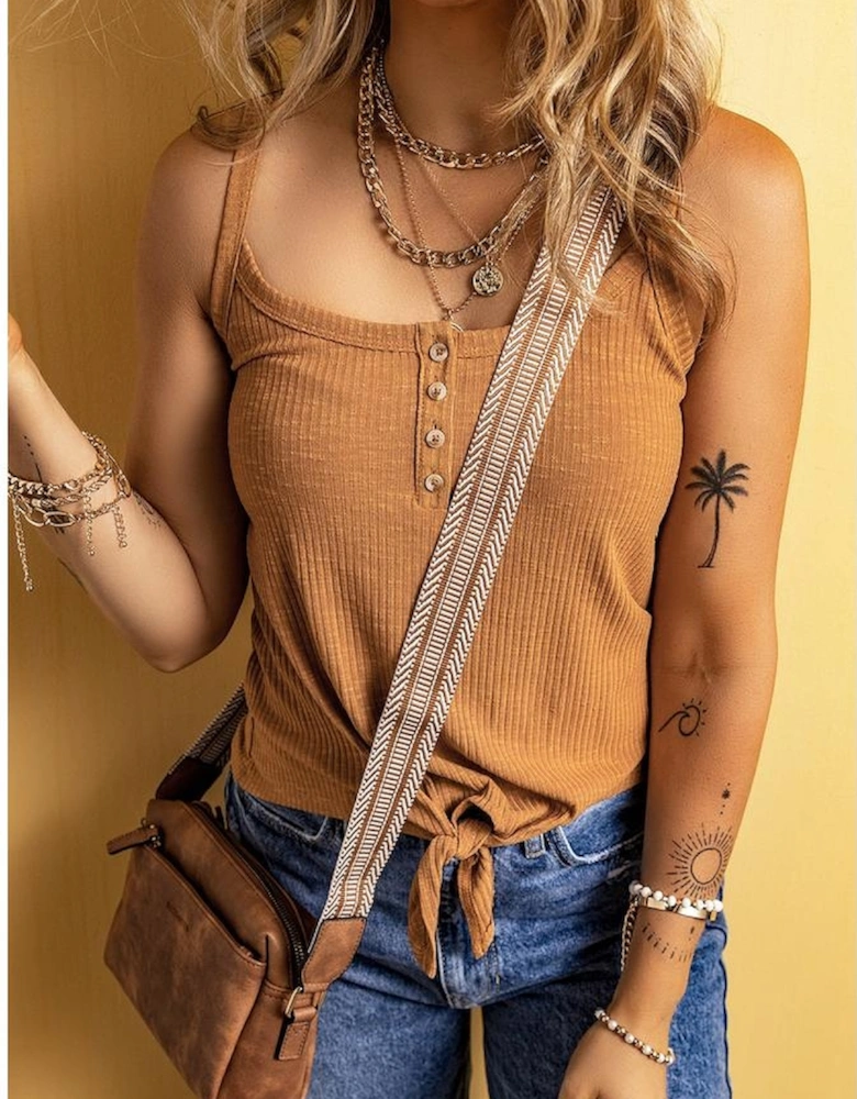 Straw Yellow Ribbed Front Knot Buttoned Thin Strap Tank Top